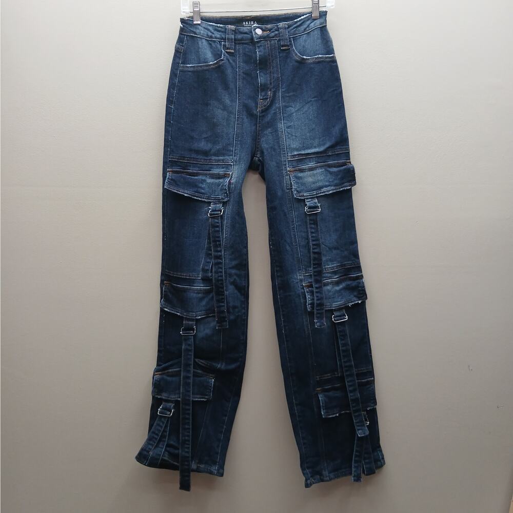 Akira Denim Trendy High Rise Stylish Straight Leg Cargo Jeans Size 7 Dark Wash